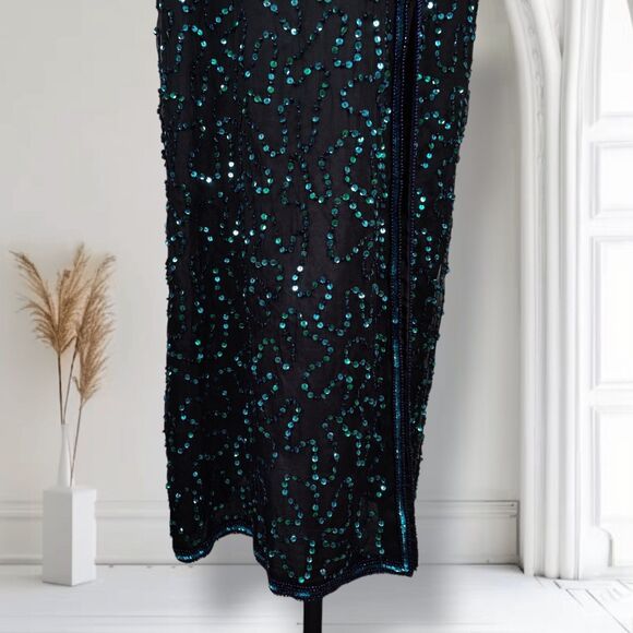 Vintage 90s Sequin Formal Prom Evening Dress Size L Halter Neck Thigh Slit - Picture 11 of 16